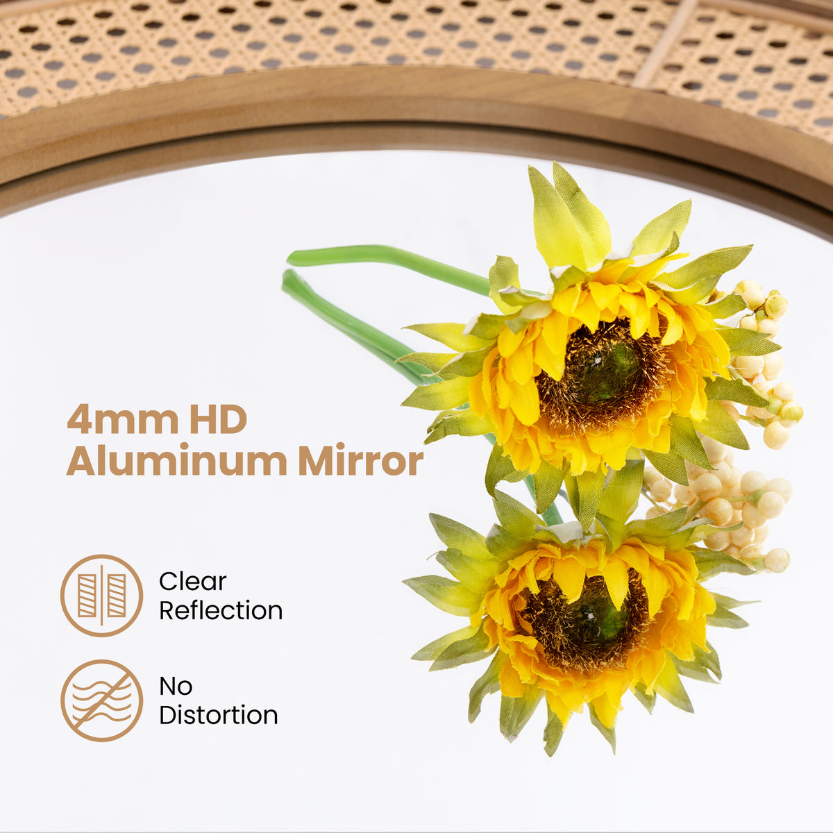 Natural 25.5 Inch Bohemian Round Wall Mirror with Wooden Frame - Rustic Decor