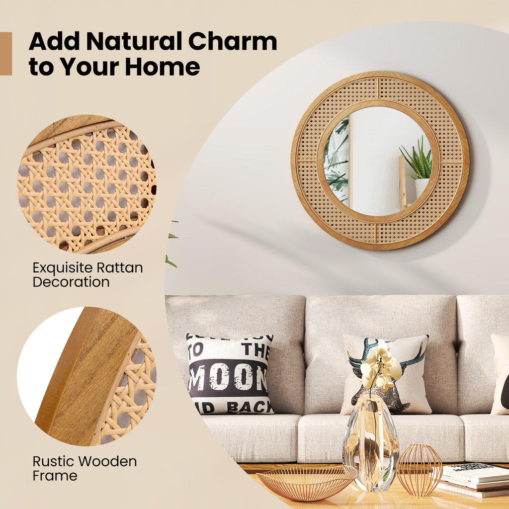 Natural 25.5 Inch Bohemian Round Wall Mirror with Wooden Frame - Rustic Decor