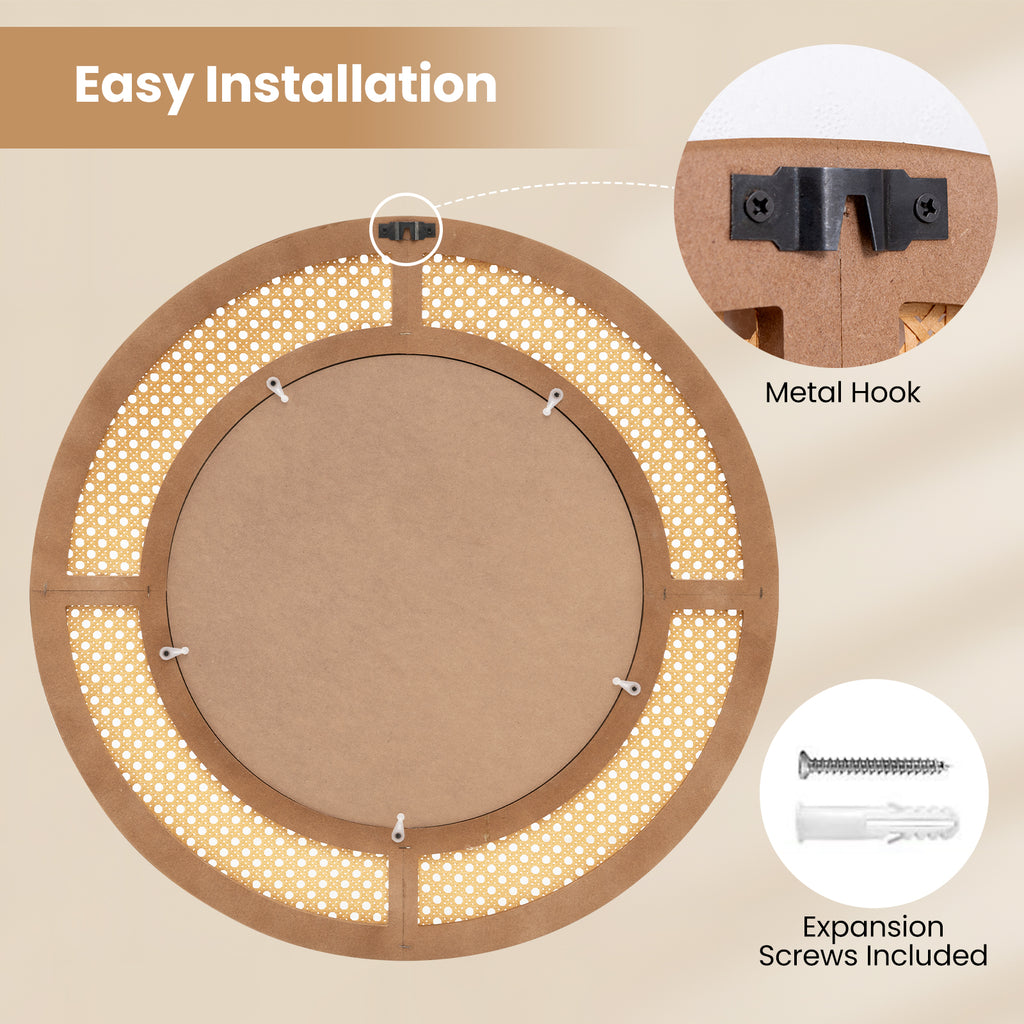 Natural 25.5 Inch Bohemian Round Wall Mirror with Wooden Frame - Rustic Decor
