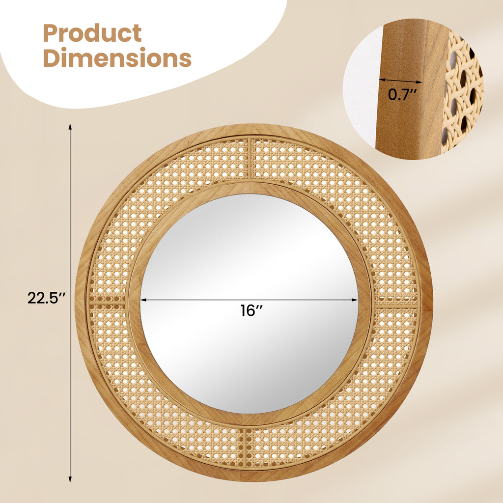 Natural 25.5 Inch Bohemian Round Wall Mirror with Wooden Frame - Rustic Decor