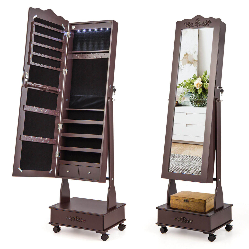 Full Length Jewelry Armoire with LED Lights - White