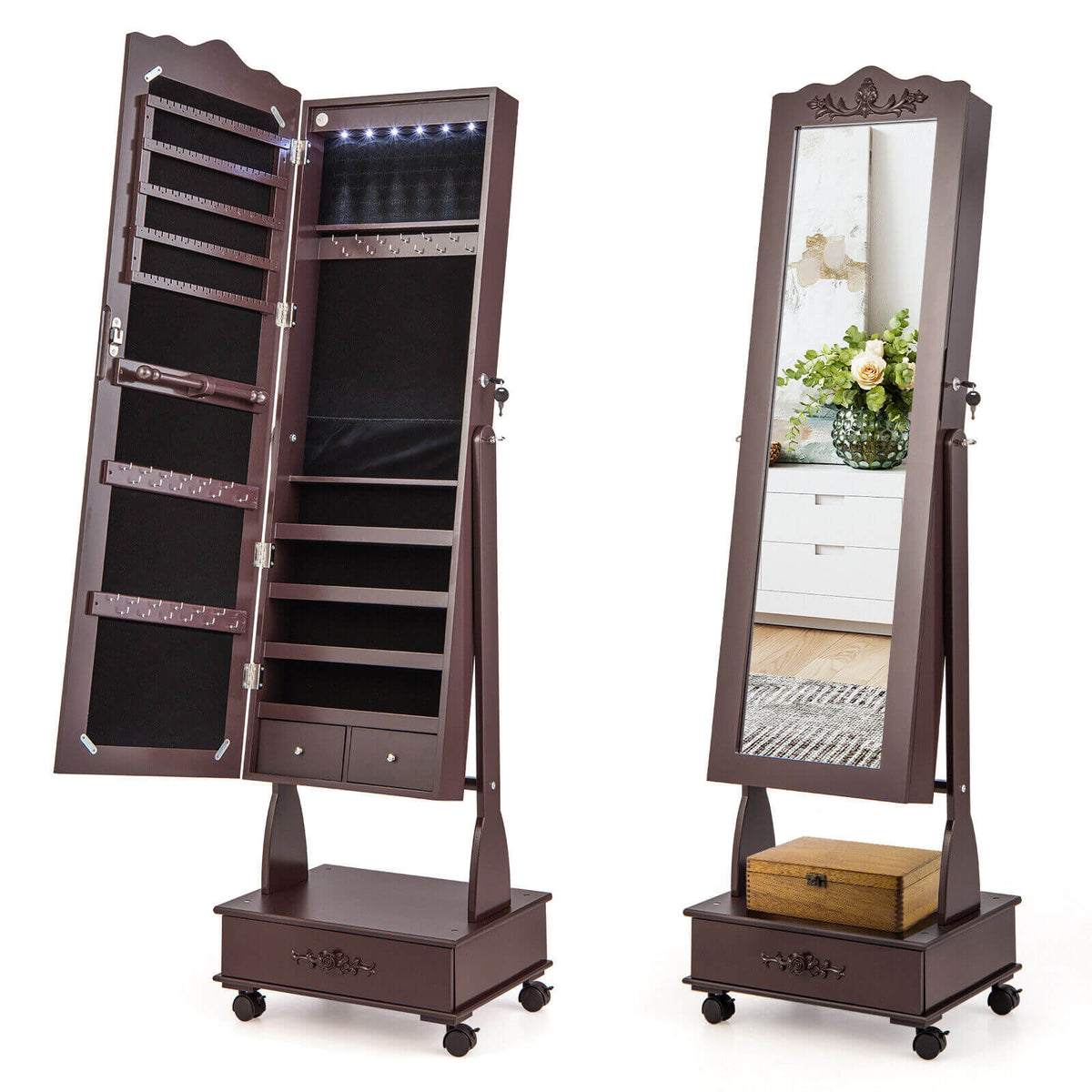 Full Length Jewelry Armoire with LED Lights - White