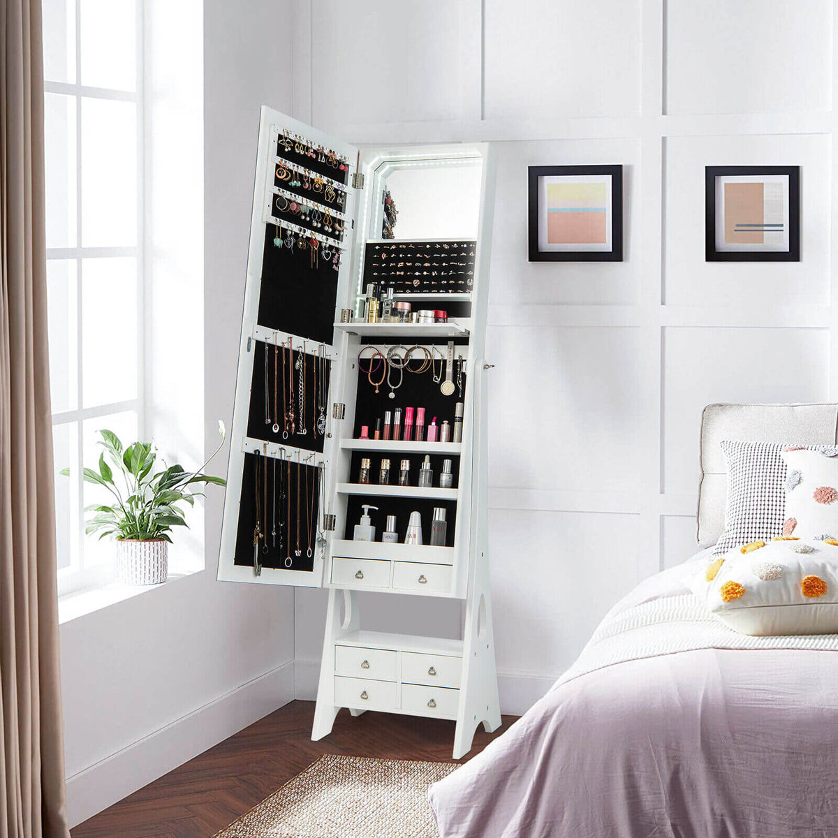 Mirrored Jewelry Armoire with Lock & LED Light - White