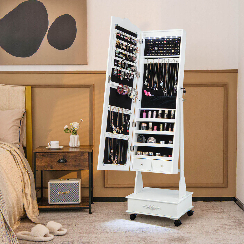Rolling Mirrored Jewelry Armoire with Lock & LED Lights - White