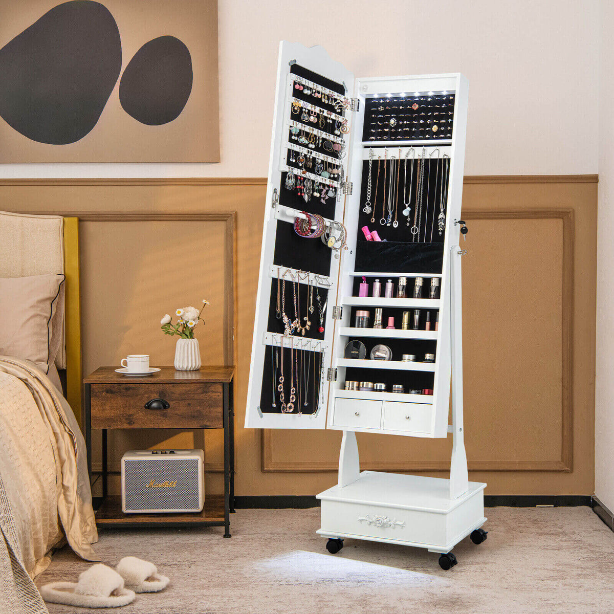Rolling Mirrored Jewelry Armoire with Lock & LED Lights - White