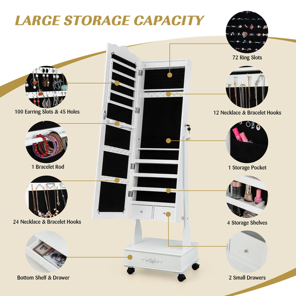 Rolling Mirrored Jewelry Armoire with Lock & LED Lights - White