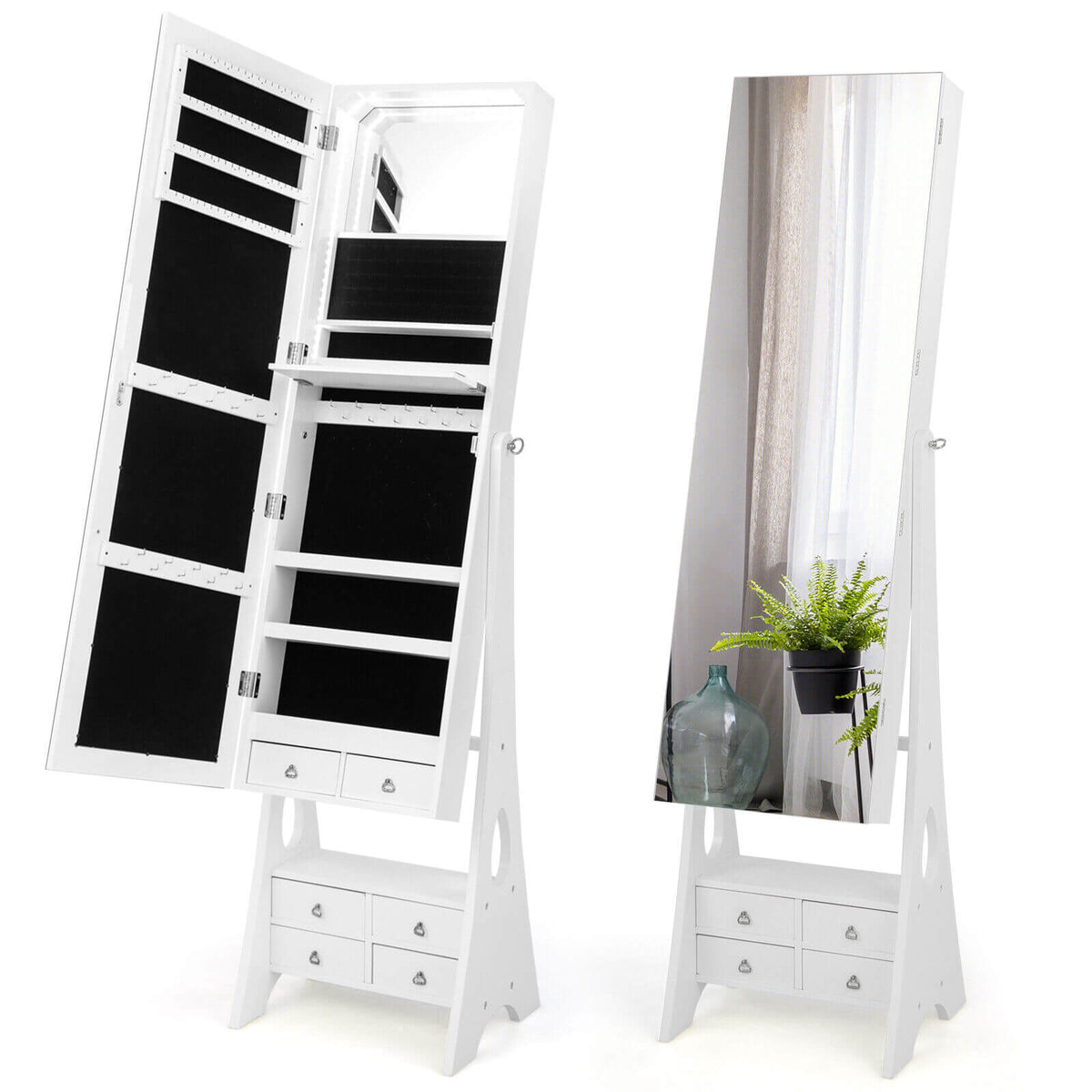 Freestanding Jewelry Cabinet with Full Length Mirror - White
