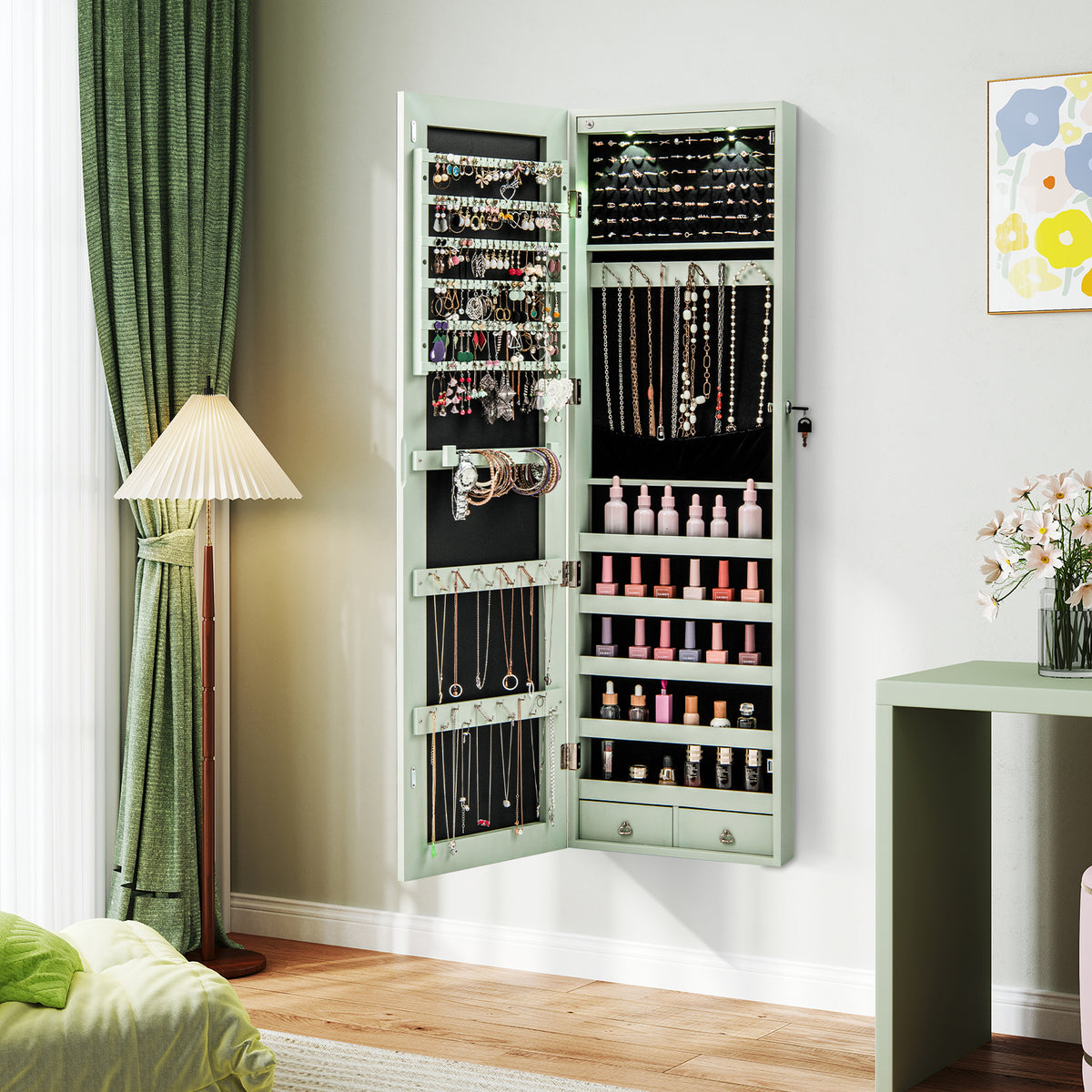Mirrored Jewelry Cabinet with LED Lights - Wall & Door Mount, Green