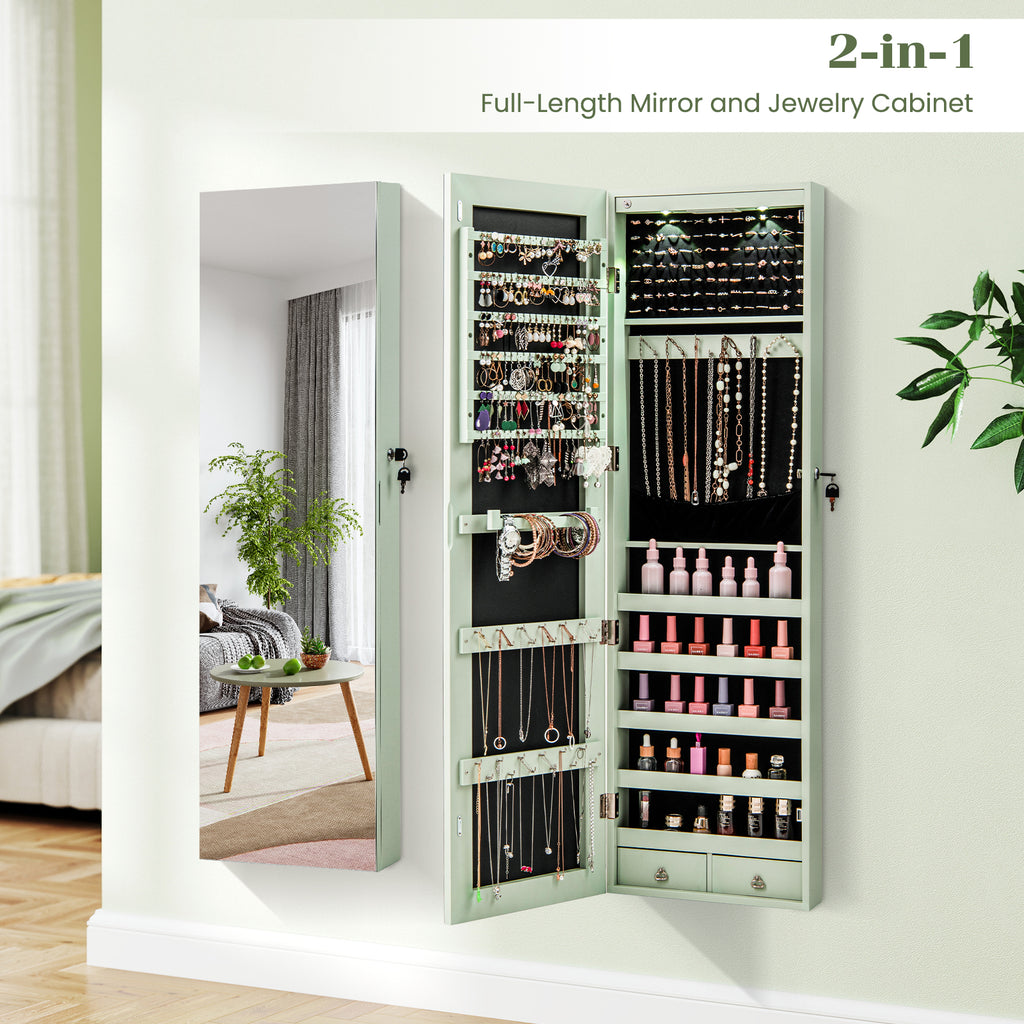 Mirrored Jewelry Cabinet with LED Lights - Wall & Door Mount, Green