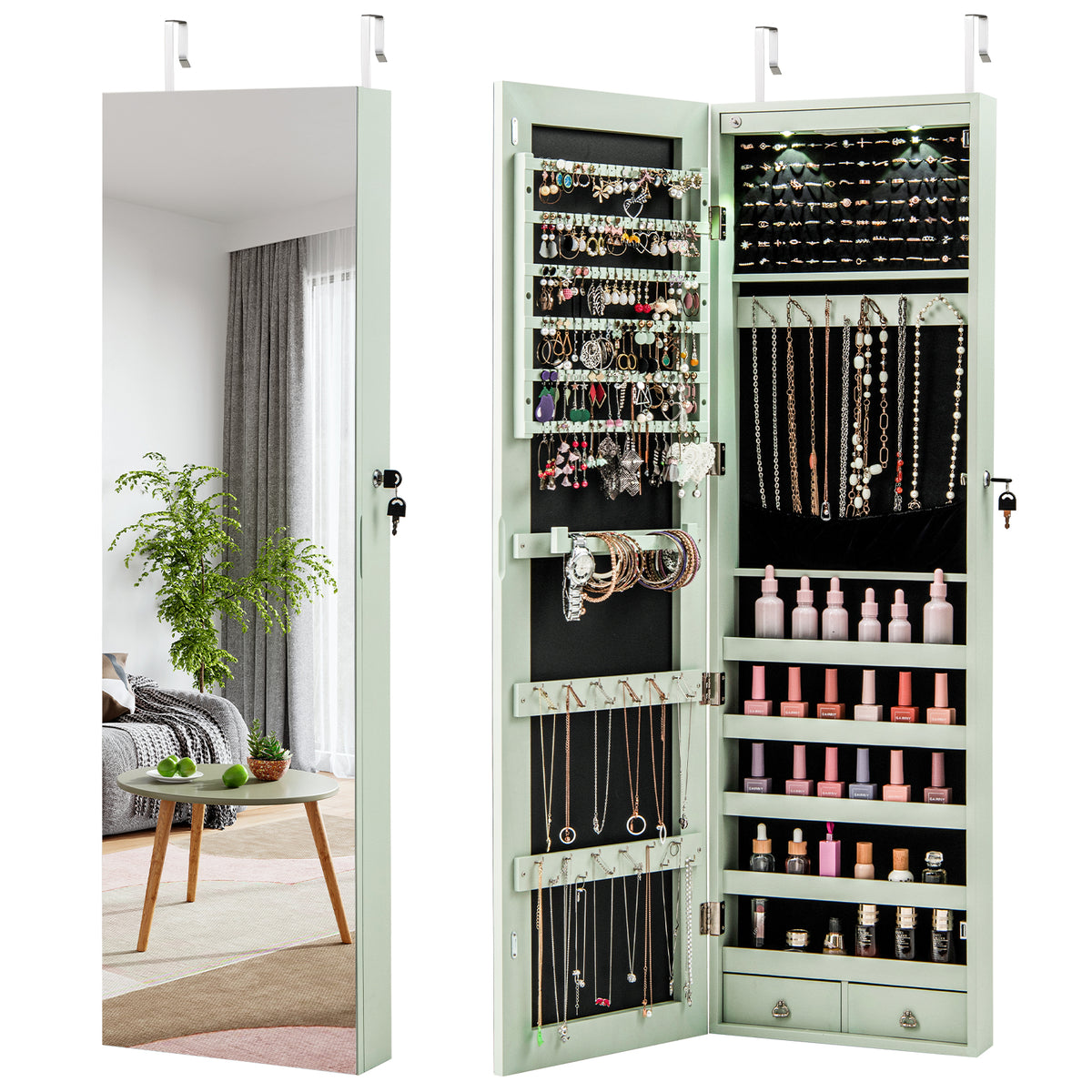 Mirrored Jewelry Armoire with LED Lights - Green