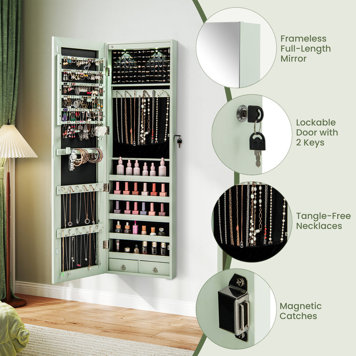 Mirrored Jewelry Cabinet with LED Lights - Wall & Door Mount, Green