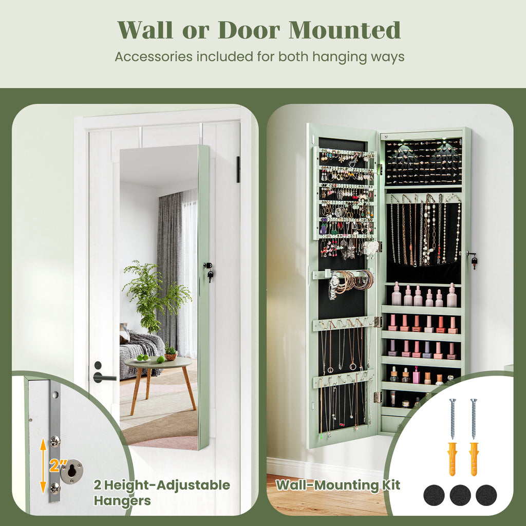 Mirrored Jewelry Cabinet with LED Lights - Wall & Door Mount, Green