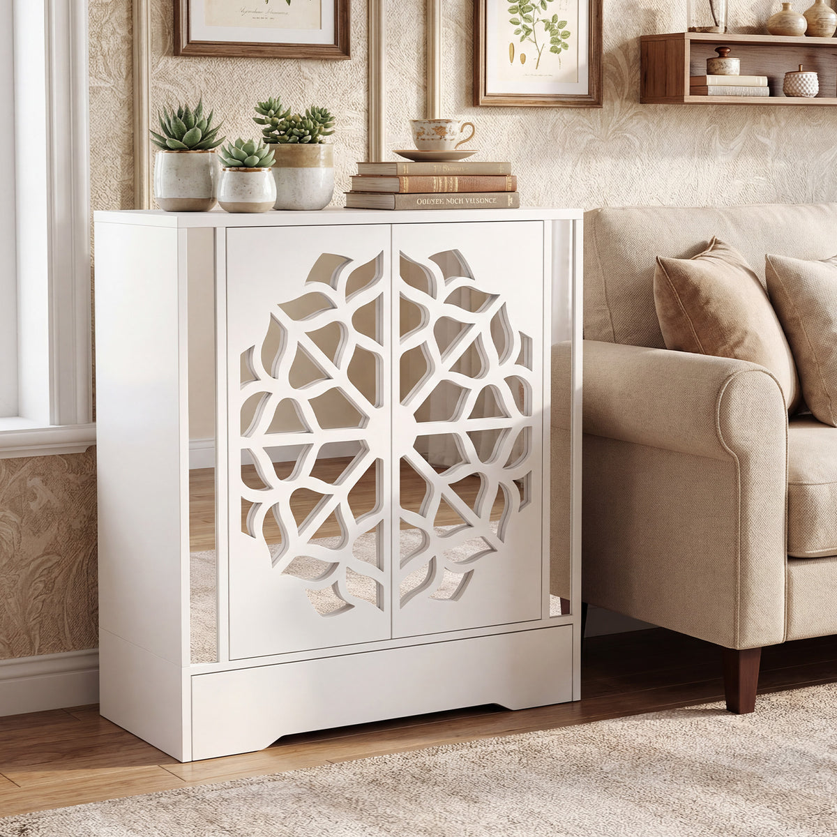 Mirrored Shoe Cabinet 4-Tier Organizer with Drawer, White