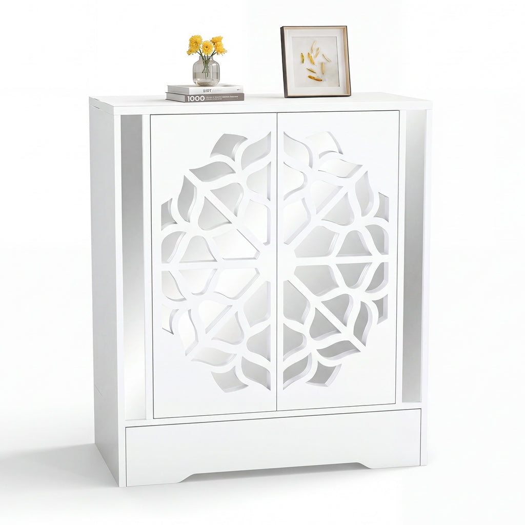 Mirrored Shoe Cabinet 4-Tier Organizer with Drawer, White