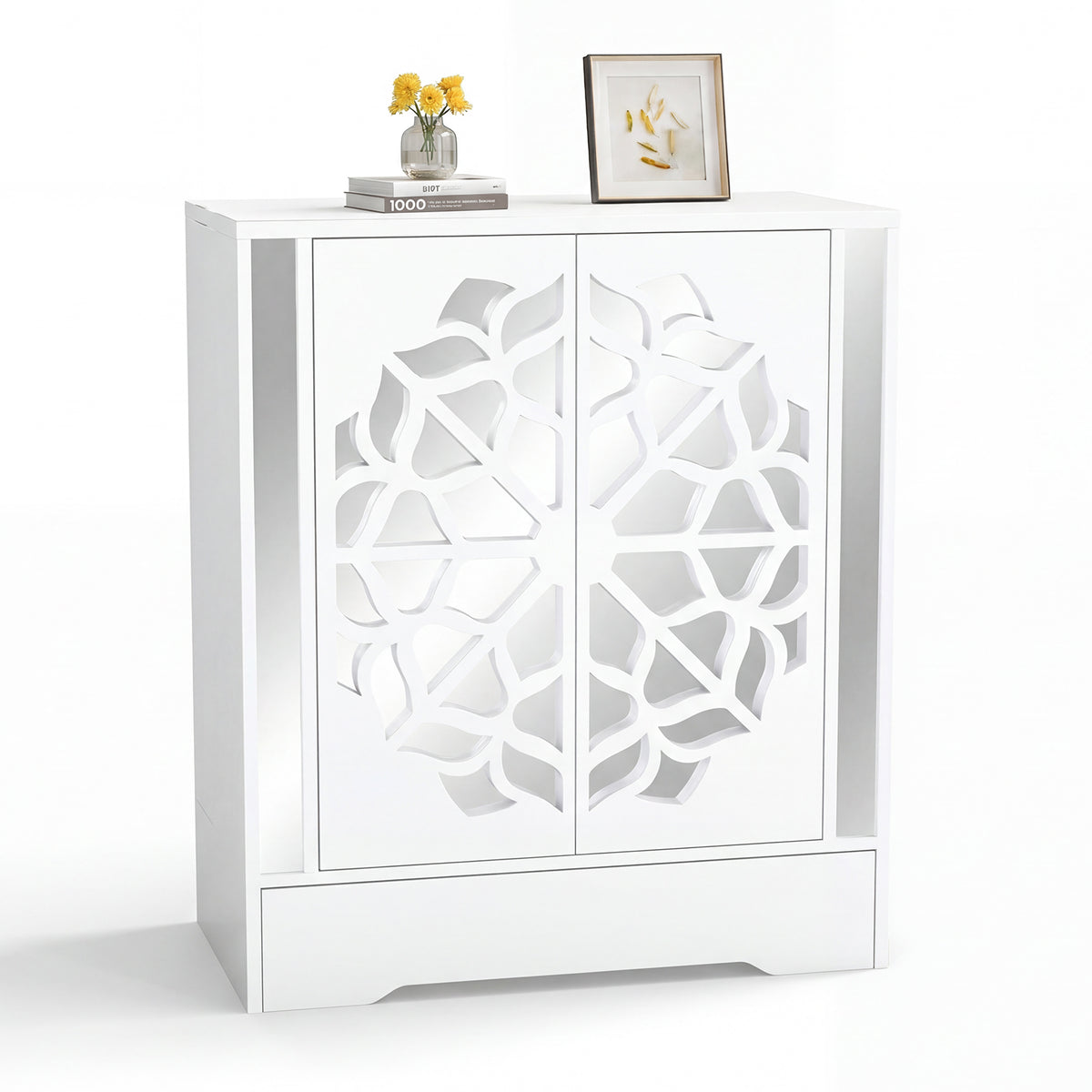 Mirrored Shoe Cabinet 4-Tier Organizer with Drawer, White