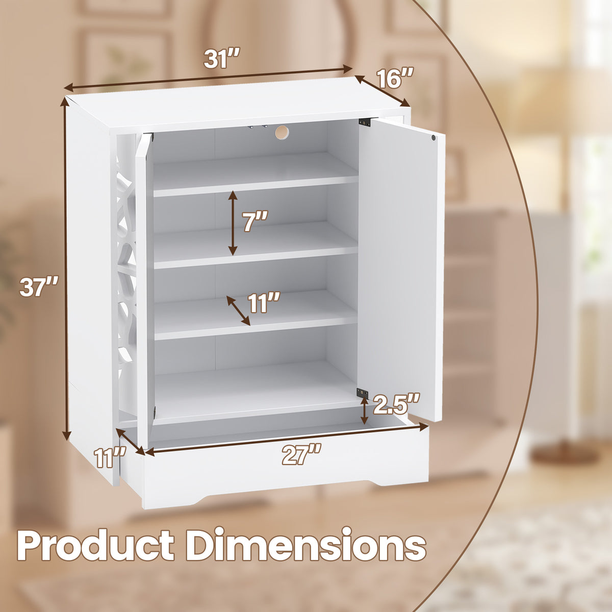 Mirrored Shoe Cabinet 4-Tier Organizer with Drawer, White