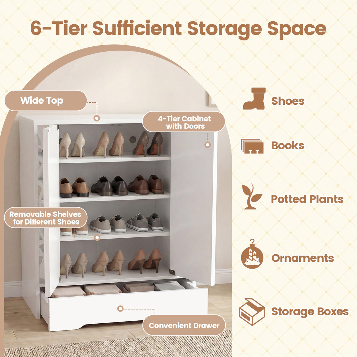 Mirrored Shoe Cabinet 4-Tier Organizer with Drawer, White