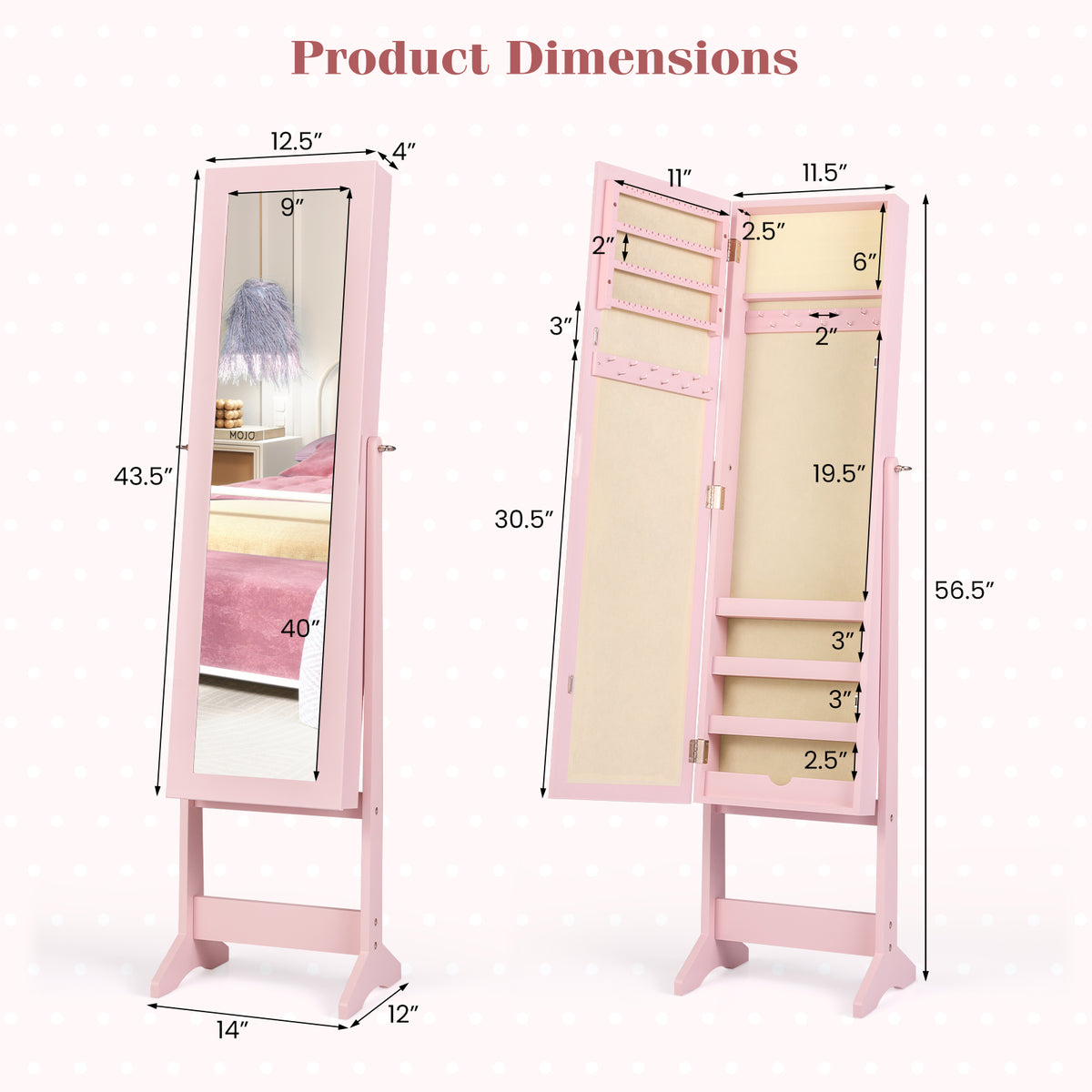 Mirrored Standing Jewelry Cabinet Storage Box - Pink