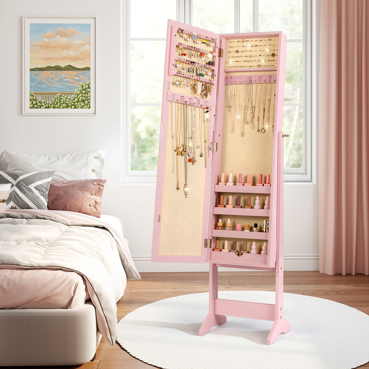 Mirrored Standing Jewelry Cabinet Storage Box - Pink