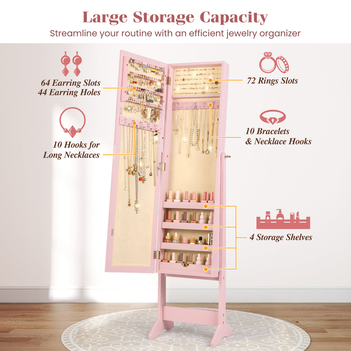Mirrored Standing Jewelry Cabinet Storage Box - Pink