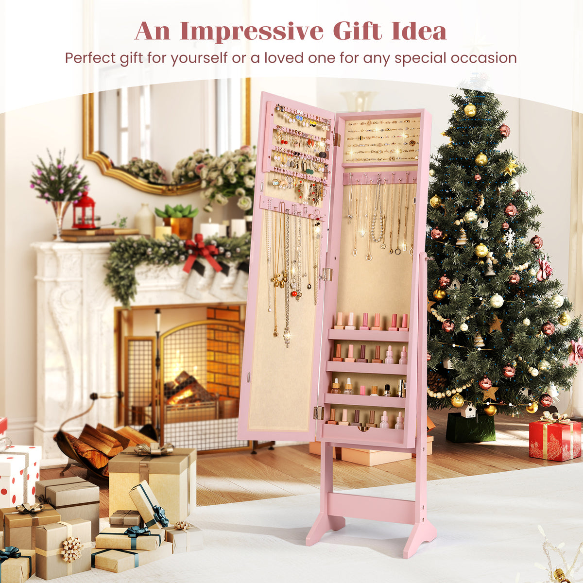 Mirrored Standing Jewelry Cabinet Storage Box - Pink