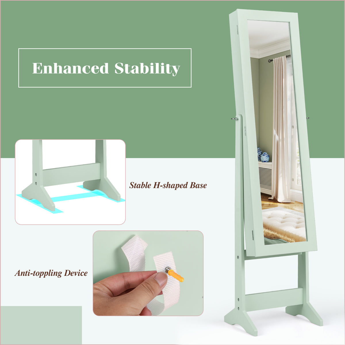 Mirrored Standing Jewelry Cabinet Storage Box - Green