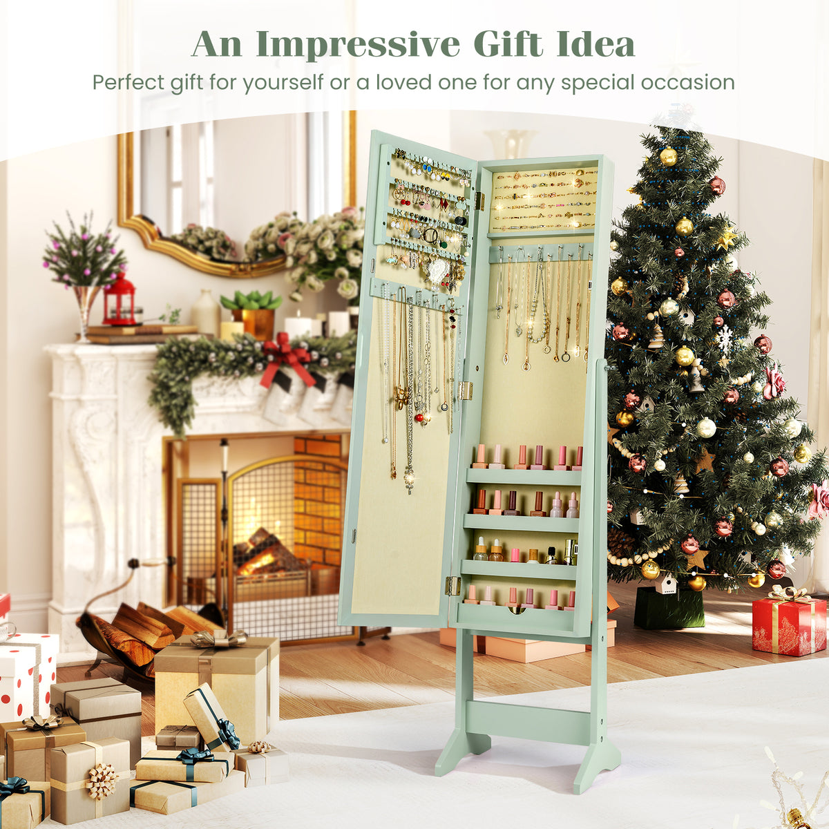 Mirrored Standing Jewelry Cabinet Storage Box - Green