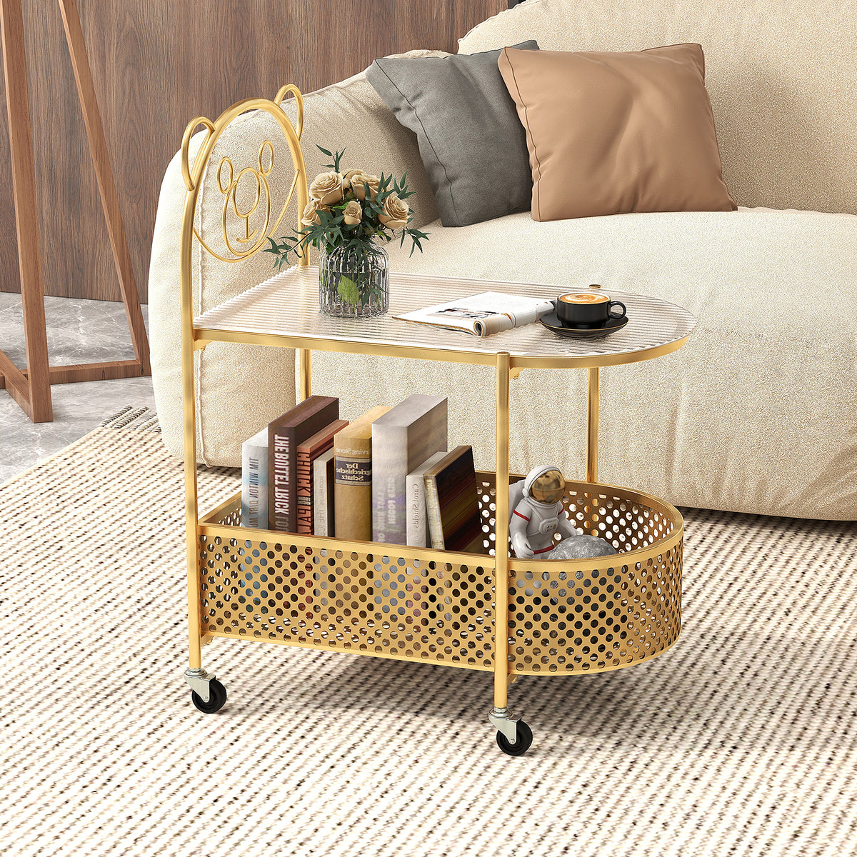 2-Tier Glass Coffee Table with Bear Design, Golden Elliptical