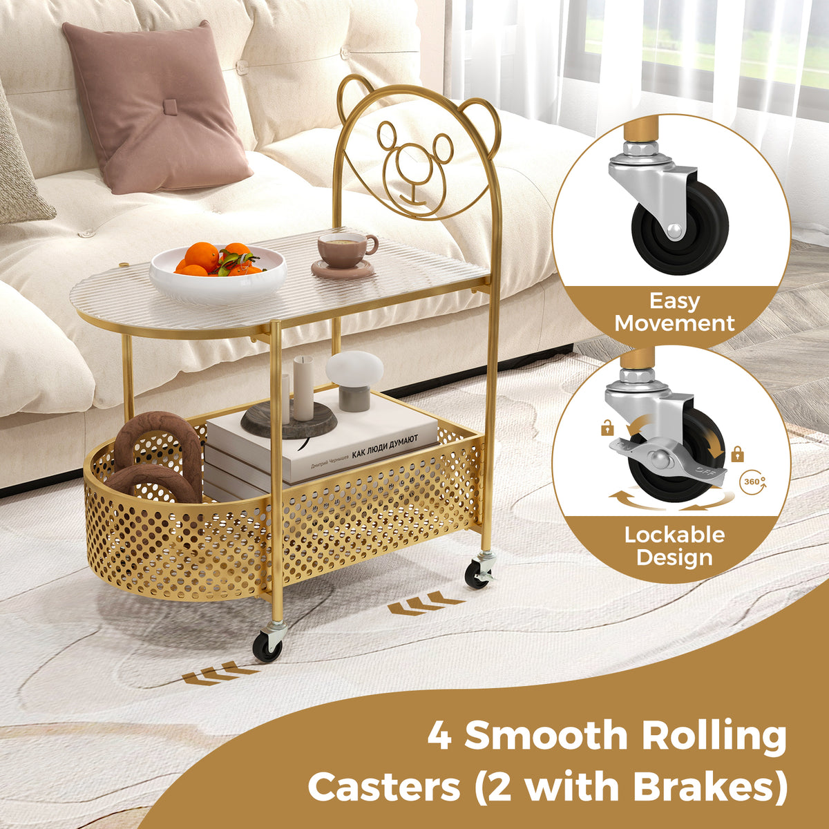 2-Tier Glass Coffee Table with Bear Design, Golden Elliptical