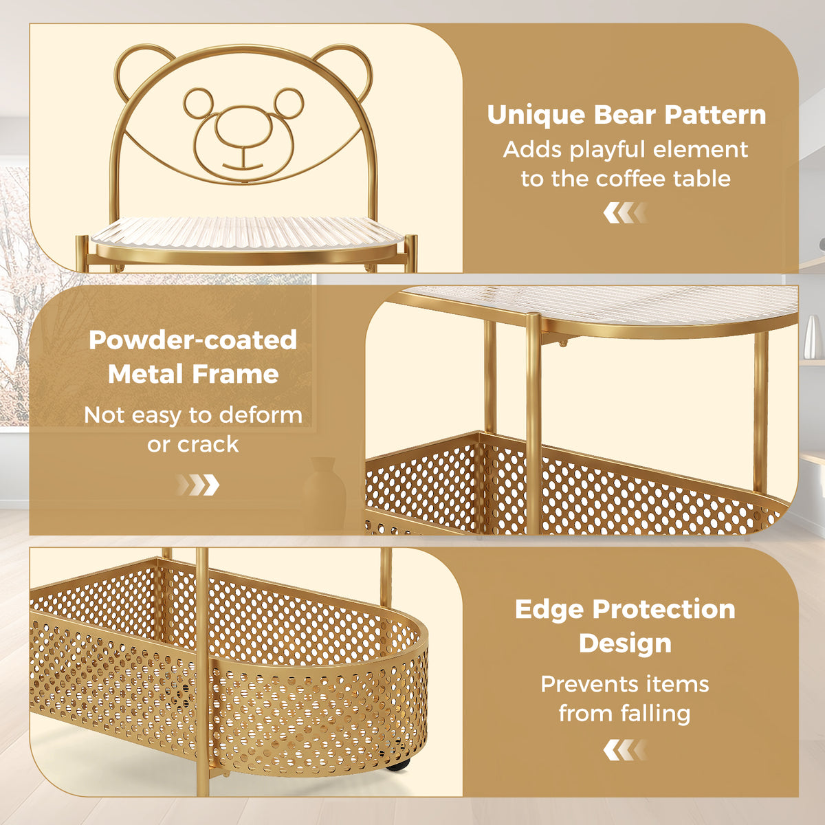 2-Tier Glass Coffee Table with Bear Design, Golden Elliptical