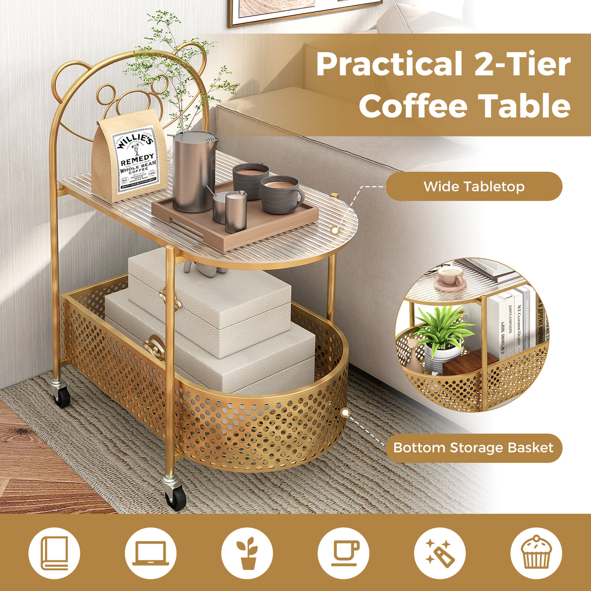 2-Tier Glass Coffee Table with Bear Design, Golden Elliptical