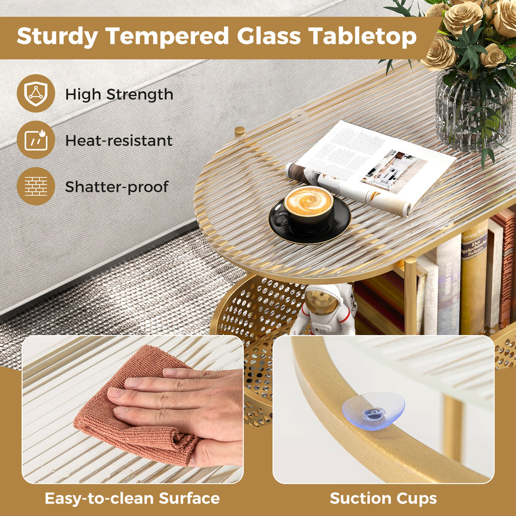 2-Tier Glass Coffee Table with Bear Design, Golden Elliptical