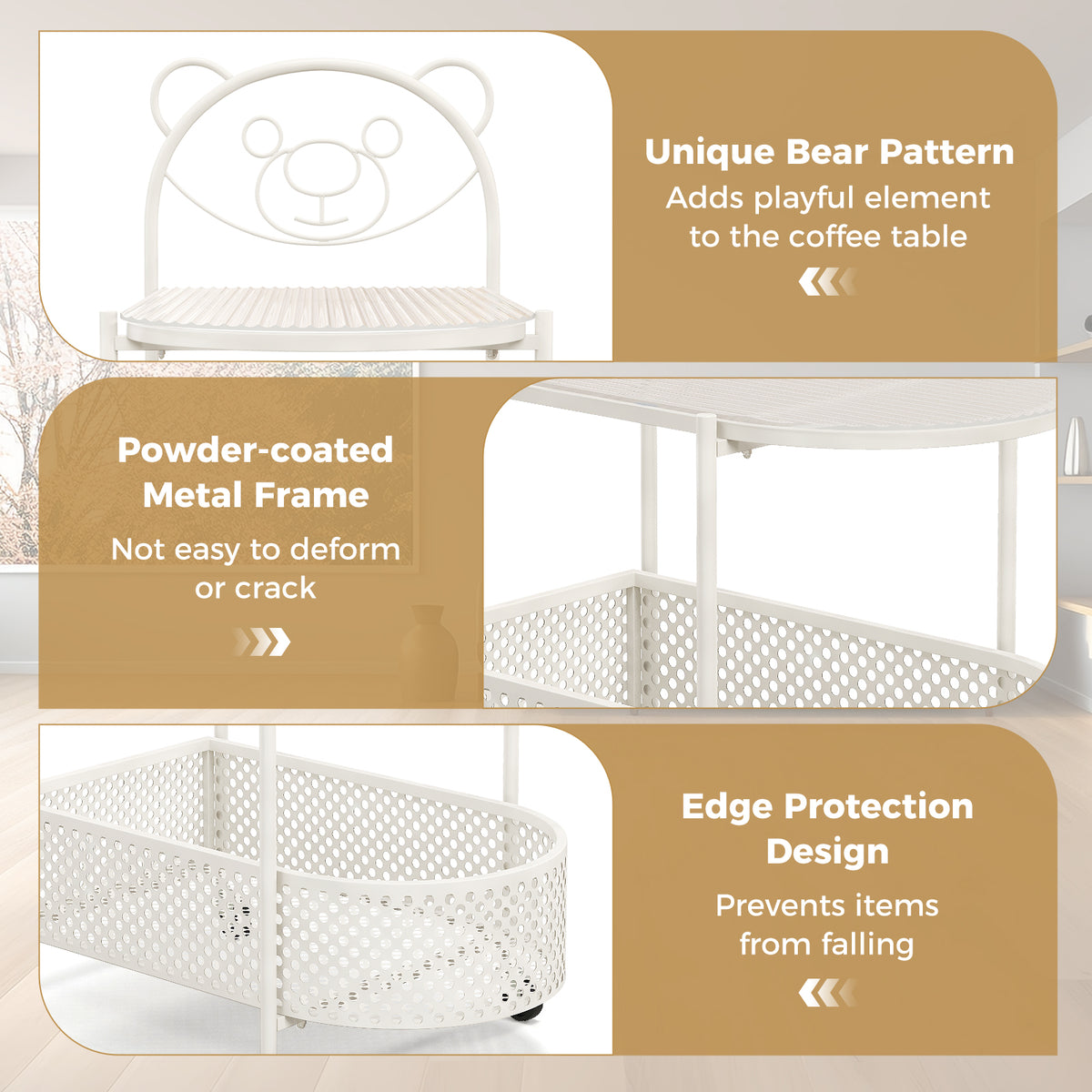 2-Tier Glass Coffee Table with Bear Design - Elliptical, White
