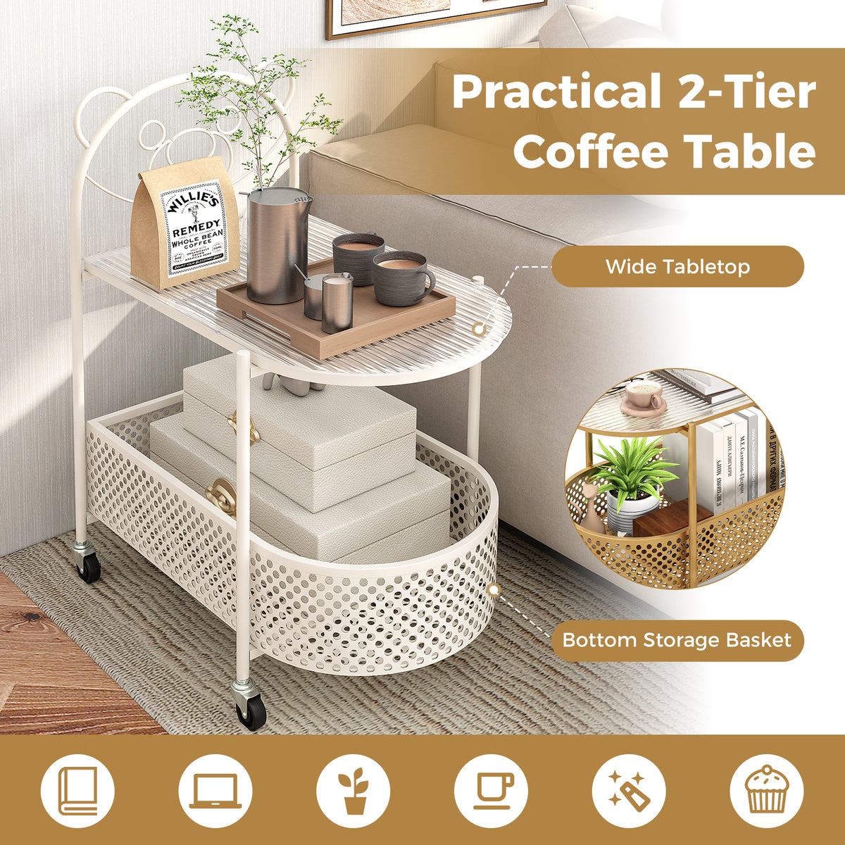 2-Tier Glass Coffee Table with Bear Design - Elliptical, White
