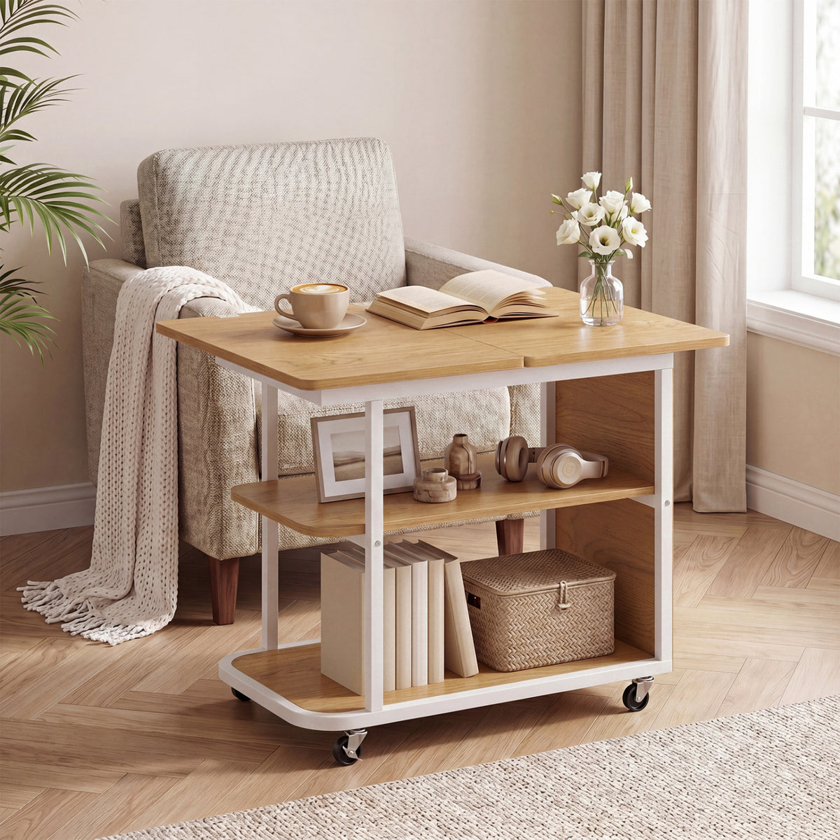 Mobile Night Stand with Foldable Swivel Top, 2-Tier Shelf – Gray