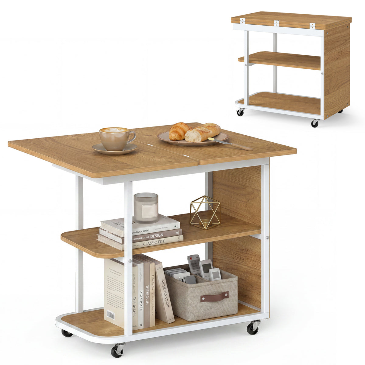Mobile Night Stand with Foldable Swivel Top, 2-Tier Shelf – Gray