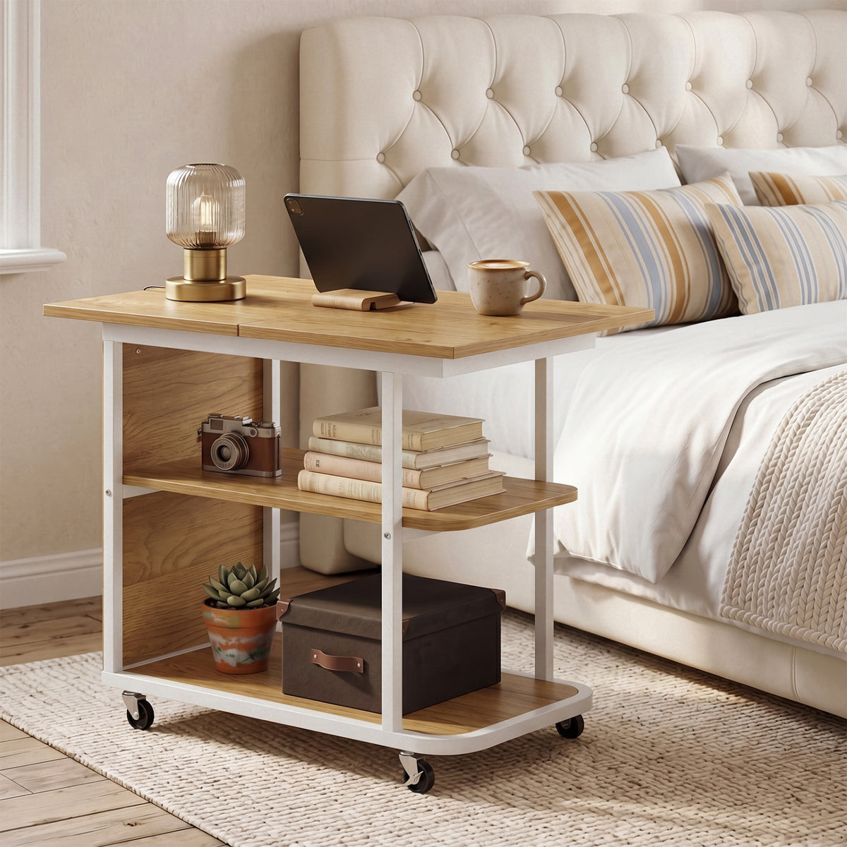 Mobile Night Stand with Foldable Swivel Top, 2-Tier Shelf – Gray