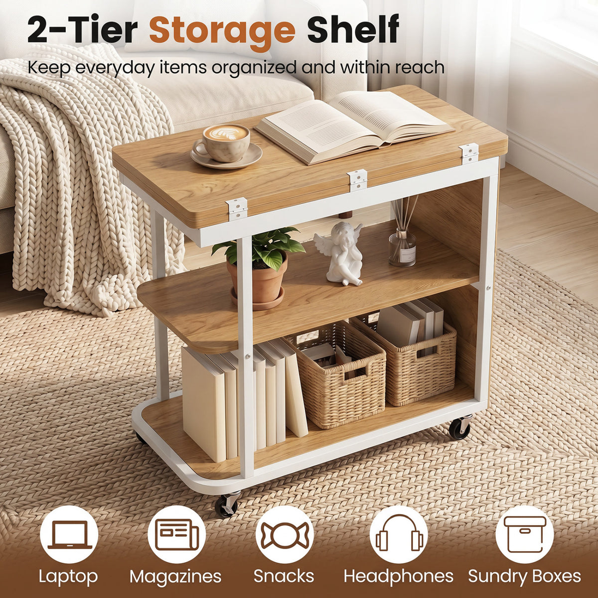 Mobile Night Stand with Foldable Swivel Top, 2-Tier Shelf – Gray