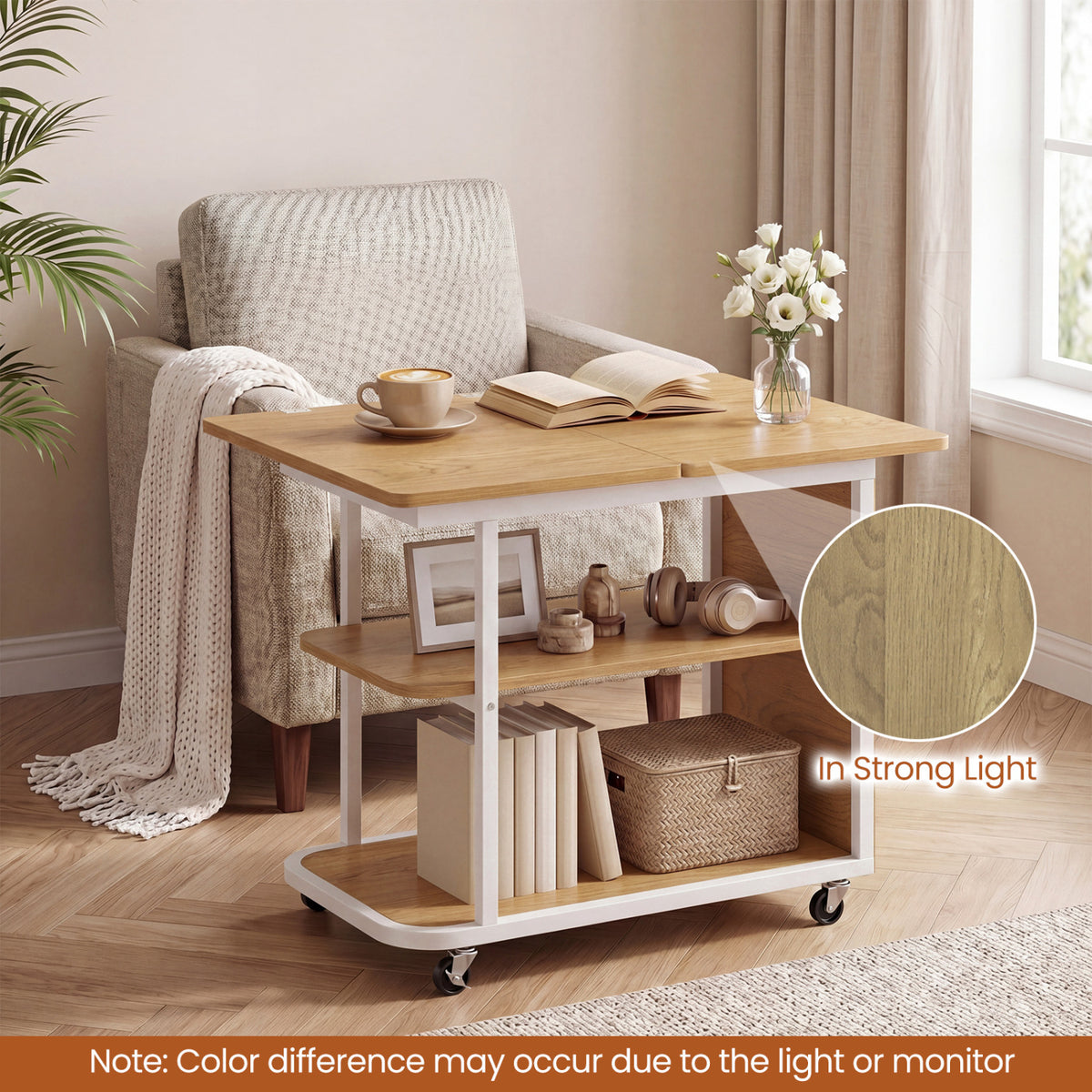 Mobile Night Stand with Foldable Swivel Top, 2-Tier Shelf – Gray