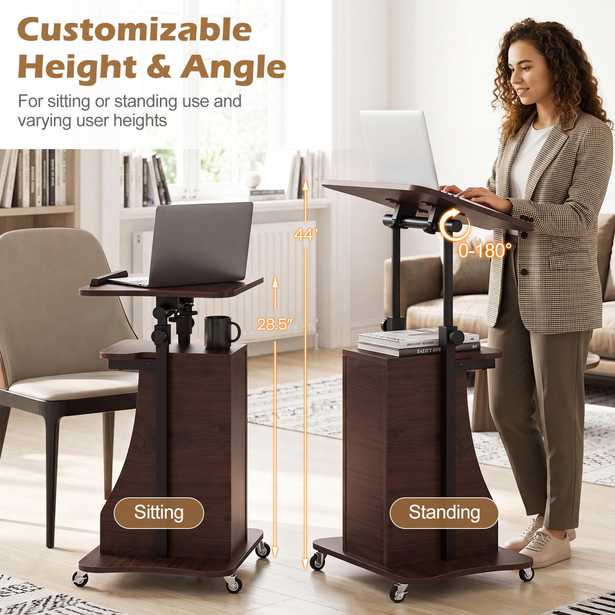 Mobile Laptop Cart Height Adjustable Tilting Tabletop - Open, Brown