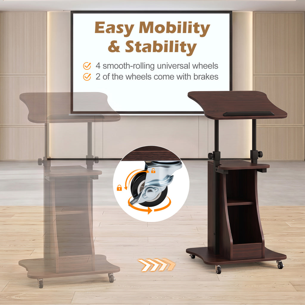 Mobile Laptop Cart Height Adjustable Tilting Tabletop - Open, Brown