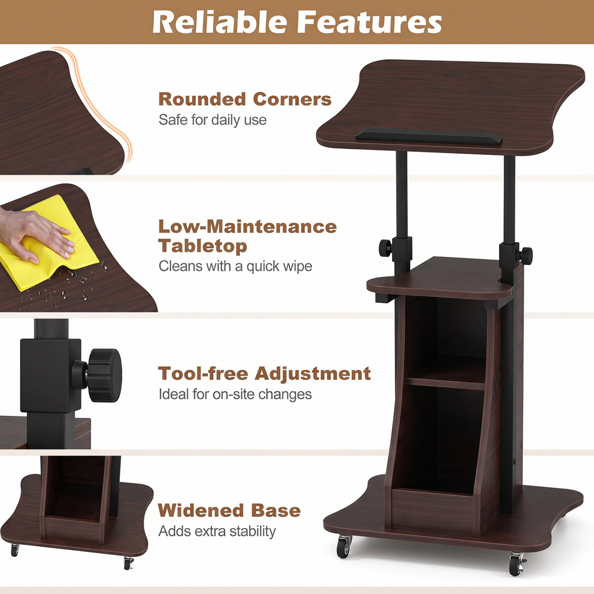 Mobile Laptop Cart Height Adjustable Tilting Tabletop - Open, Brown