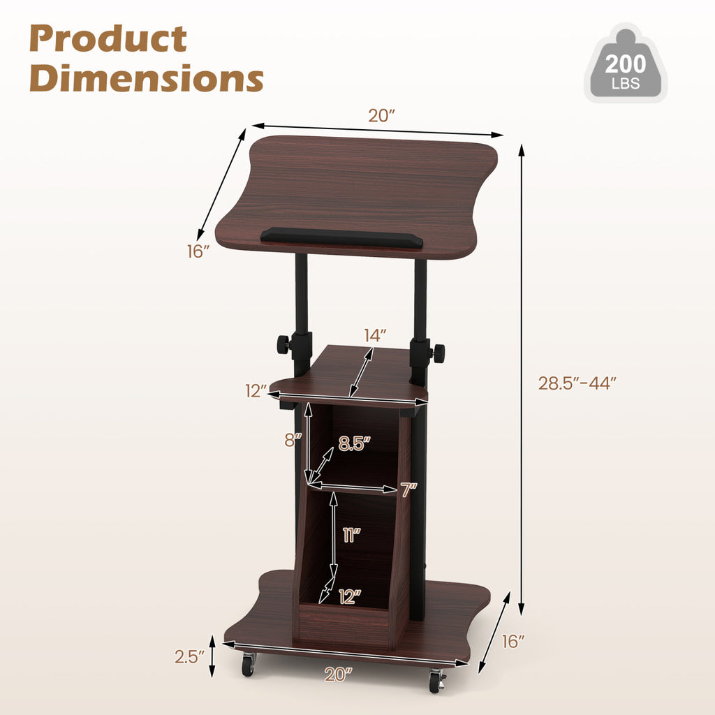 Mobile Laptop Cart Height Adjustable Tilting Tabletop - Open, Brown