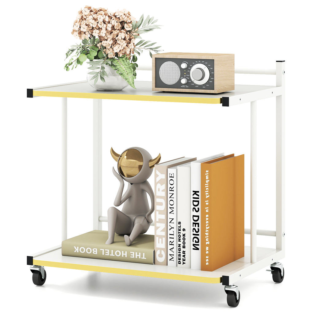 Mobile Side Table with Open Shelves & Golden Trim – White
