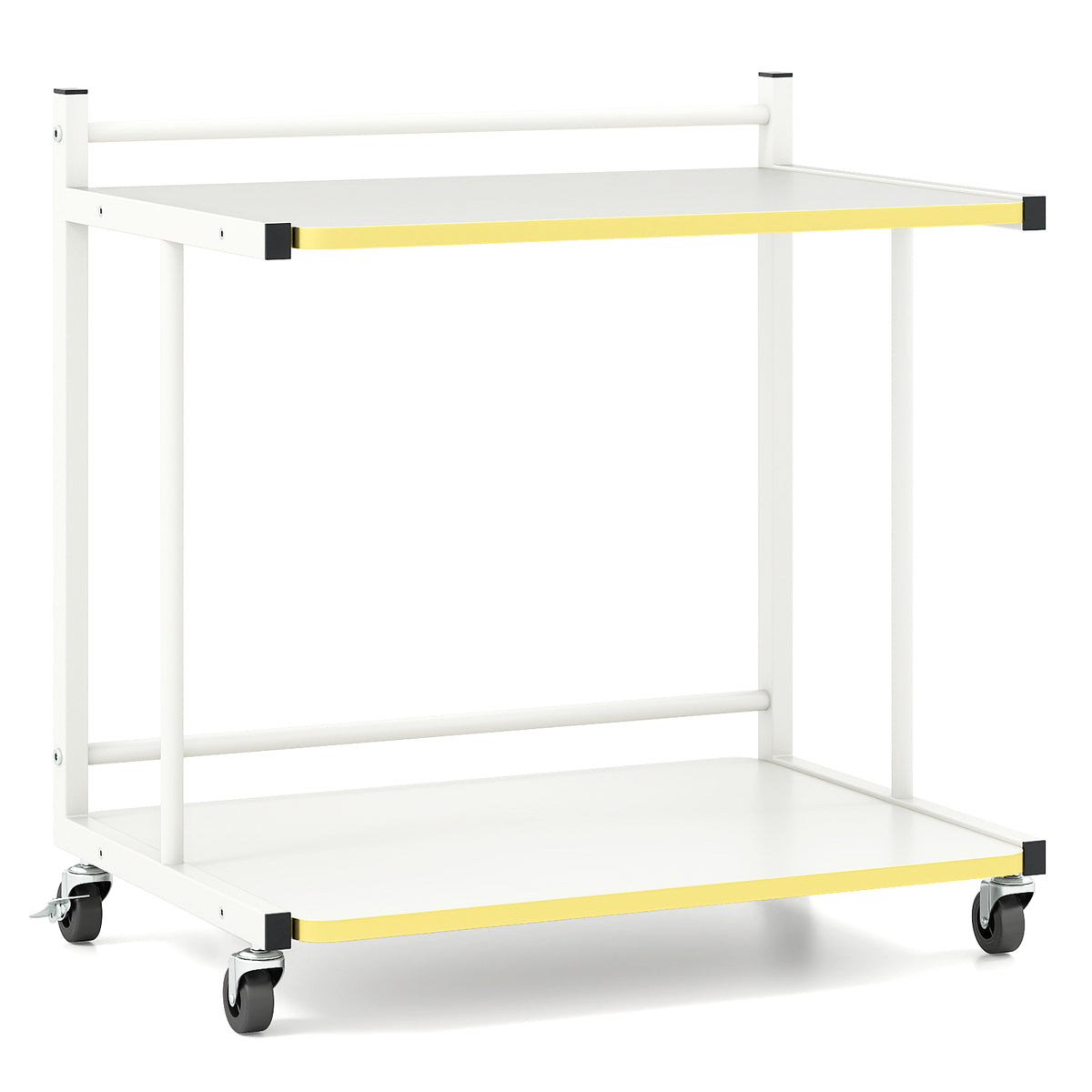 Mobile Side Table with Open Shelves & Golden Trim – White