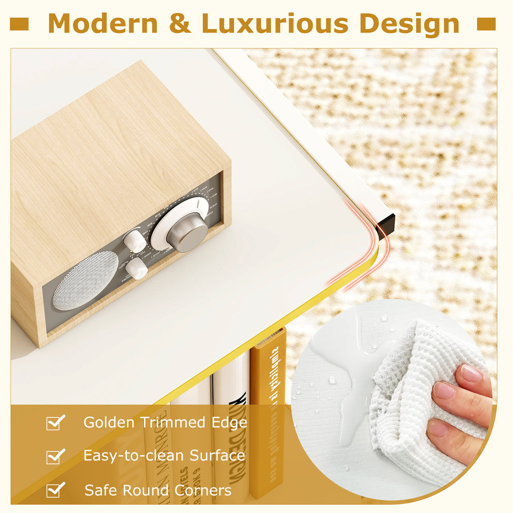 Mobile Side Table with Open Shelves & Golden Trim – White