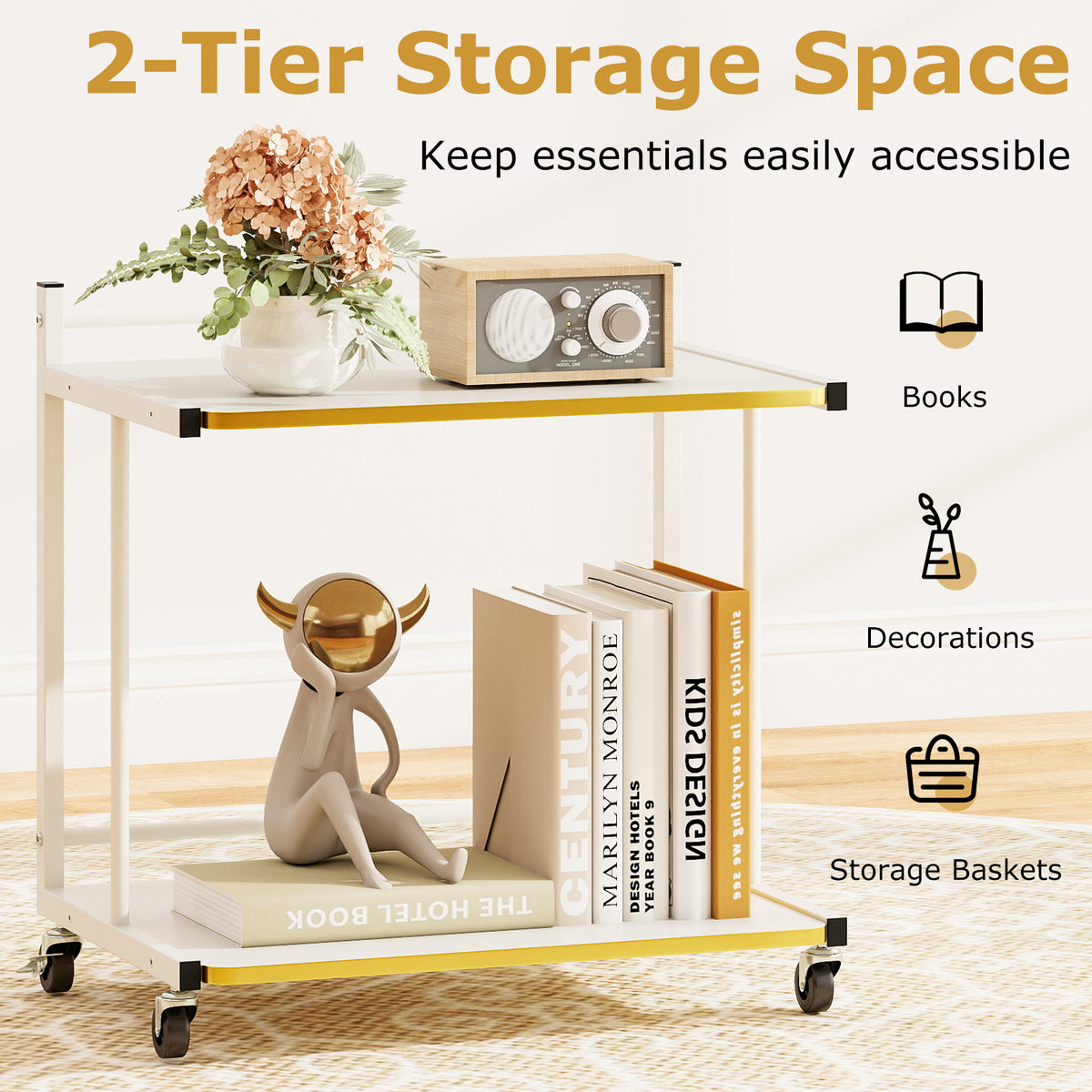 Mobile Side Table with Open Shelves & Golden Trim – White