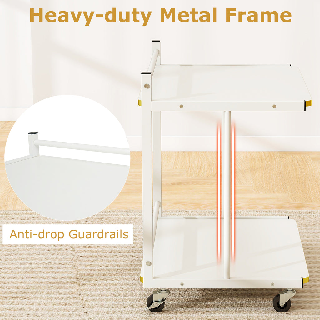 Mobile Side Table with Open Shelves & Golden Trim – White