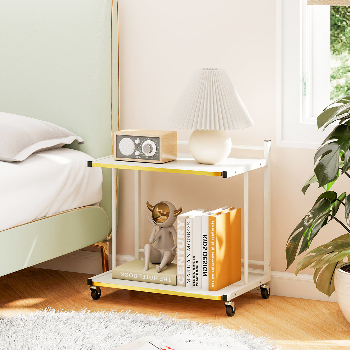 Mobile Side Table with Open Shelves & Golden Trim – White