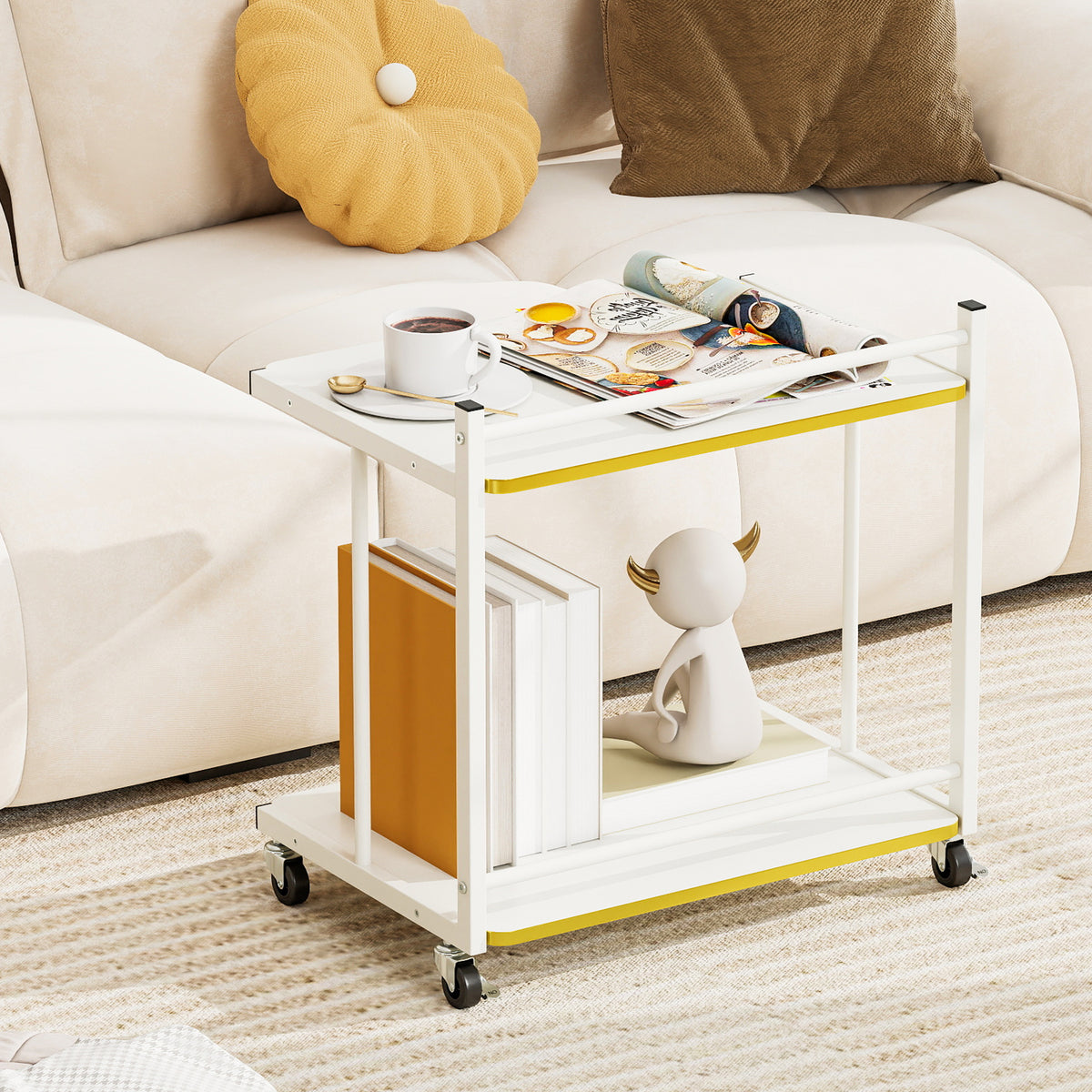 Mobile Side Table with Open Shelves & Golden Trim – White